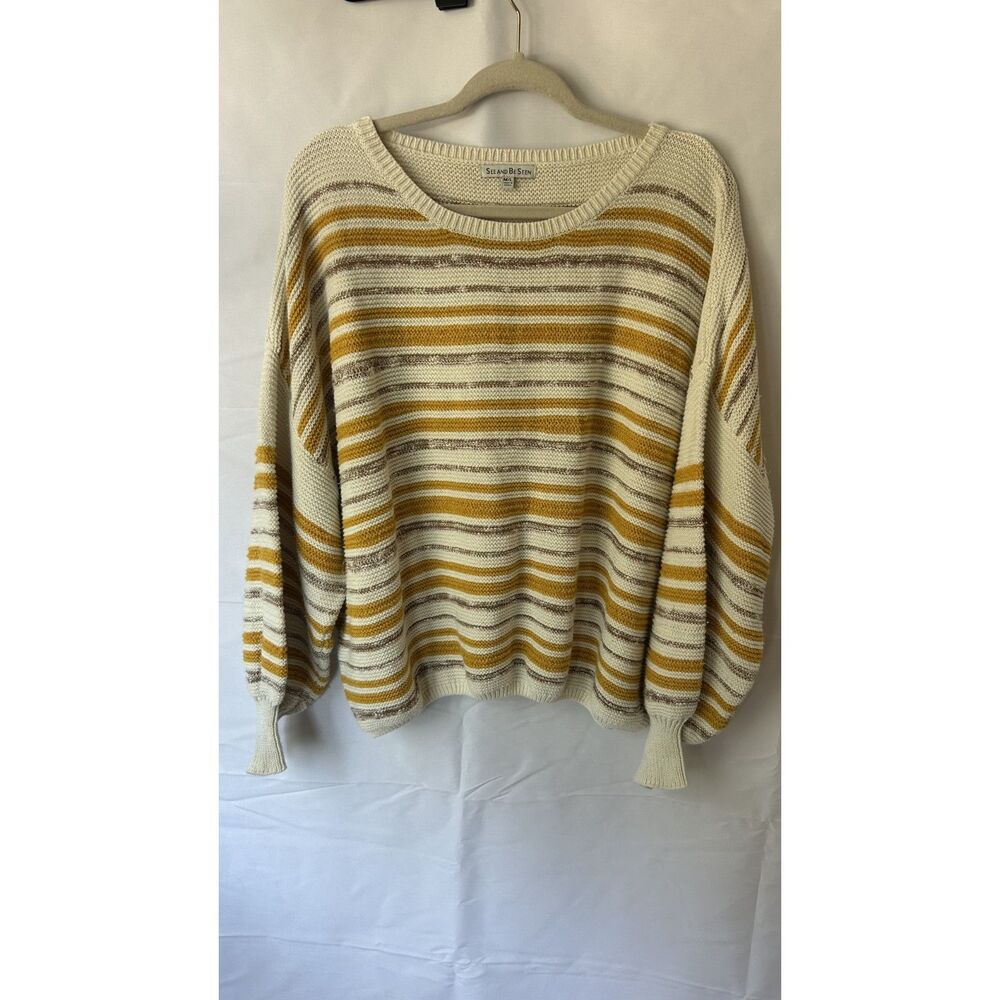 See and Be Seen Women's Striped Oversized Sweater M/L Mustard Yellow/Cream Knit